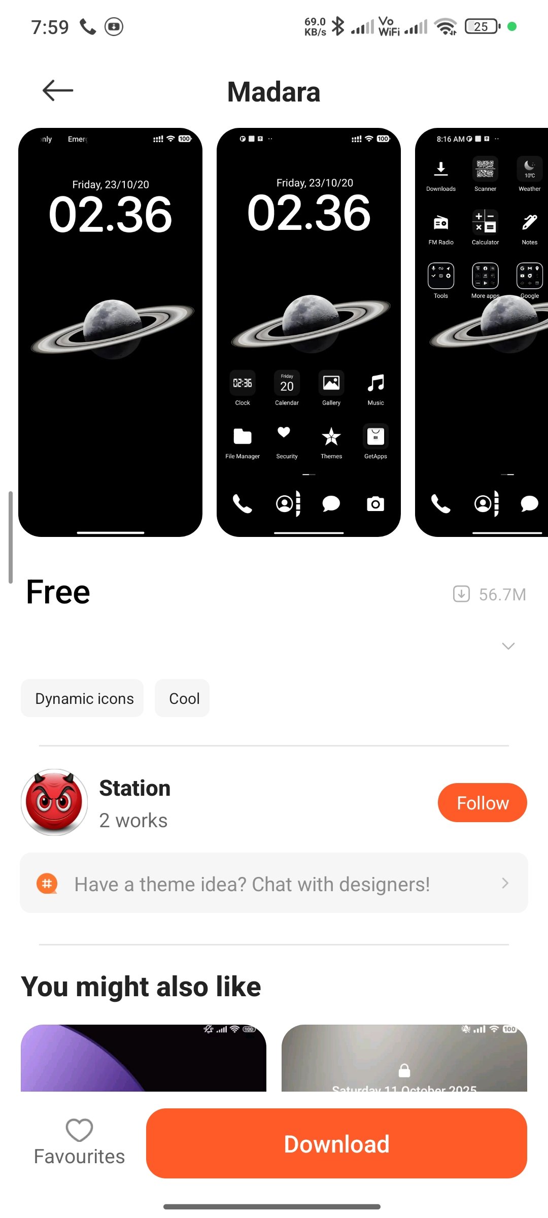 Halaman detail Madara Theme di aplikasi Themes